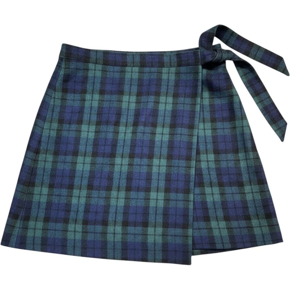 J.Crew Navy Watch Plaid Wool Blend Wrap Mini Skirt Green Navy Tartan Size 4 Prep